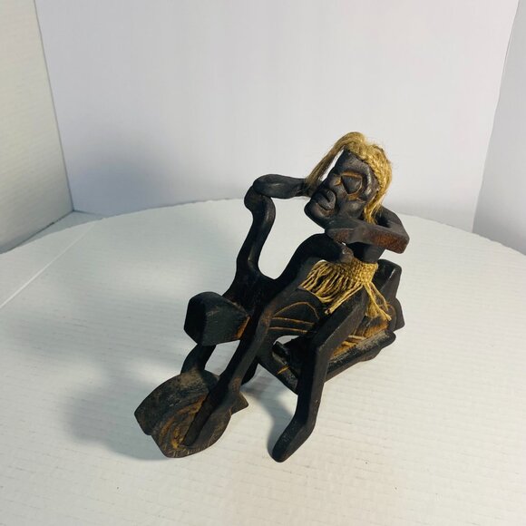 Rare Primitive Java Man on Motorcycle Wooden Carving and Jute Tribal Sculpture - Picture 3 of 17